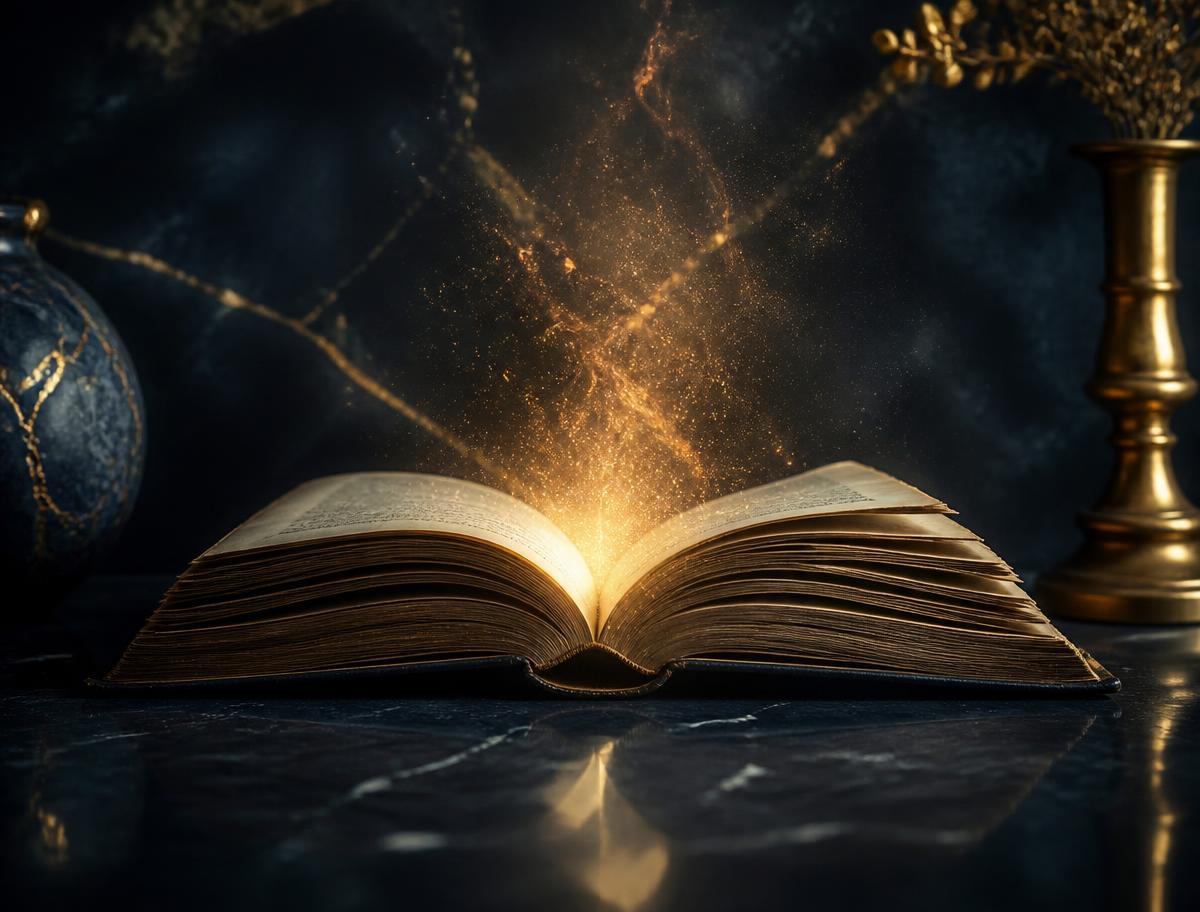 Livro antigo aberto com luz dourada subindo de suas páginas